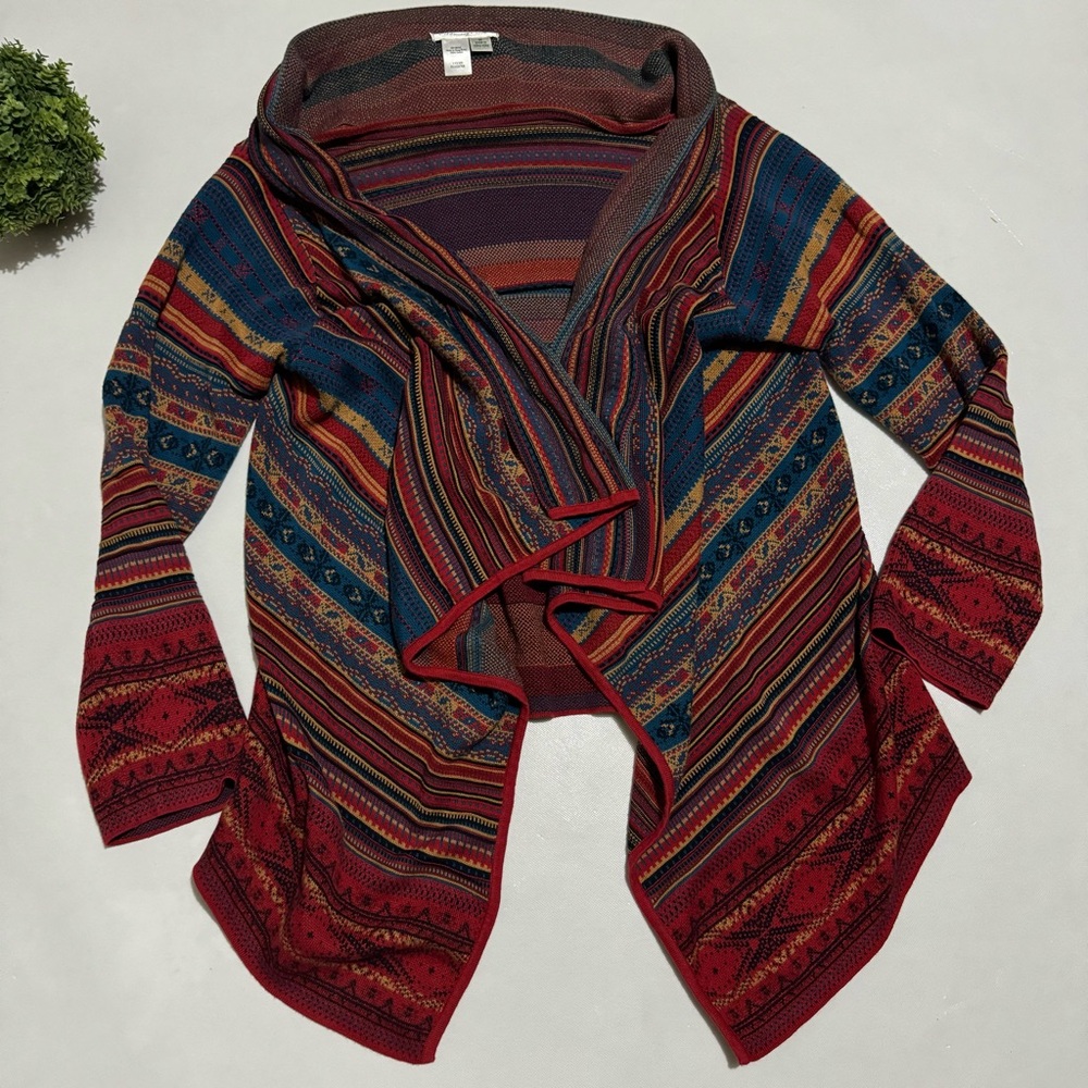 Coldwater Creek Red Multicolor Striped Open-Front Cardigan